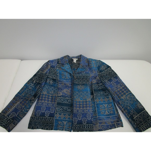 Molly & Maxx Jackets & Blazers - Molly & Maxx Petite Tapestry Jacket Blue Floral Abstract Zip Front P/S